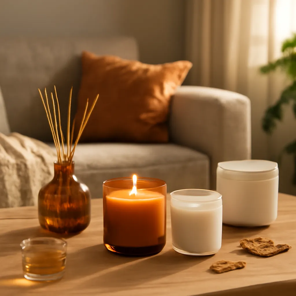 Hero image: late-summer to early-fall scent transition, premium US lifestyle photography, warm autumn light, clean composition, no text