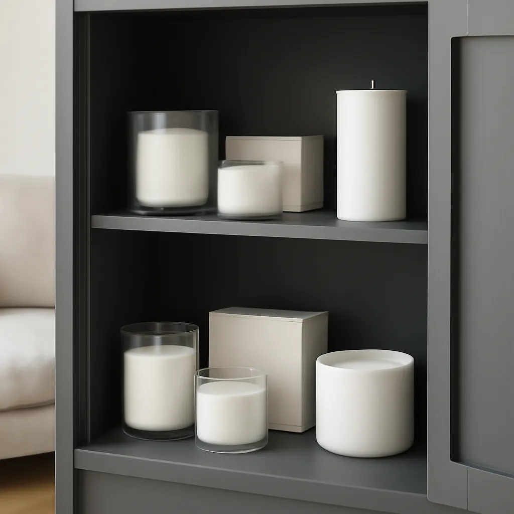 Hero image: properly stored candles in a cool dark cabinet, premium US lifestyle photography, realistic materials, clean composition, no text