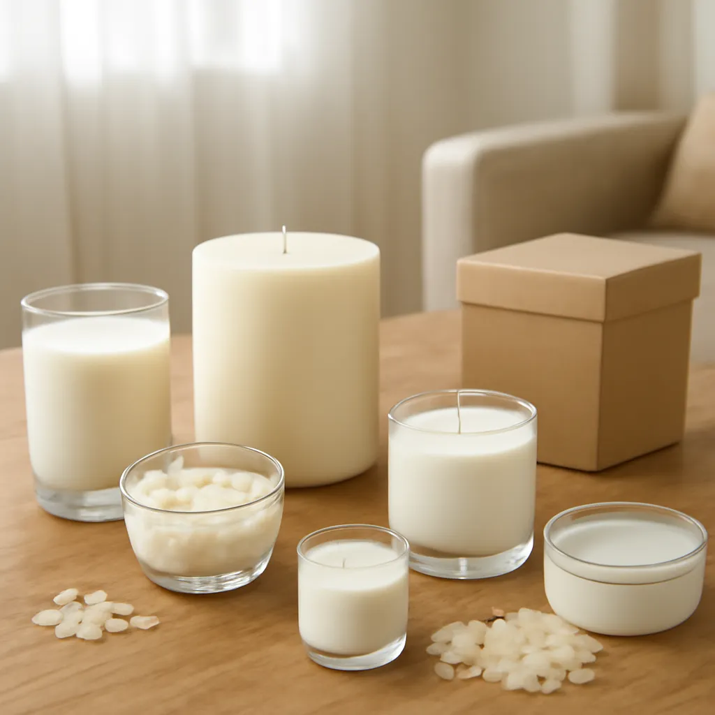 Hero image: natural-style candle labels and several wax materials, premium US lifestyle photography, realistic materials, clean composition, no text