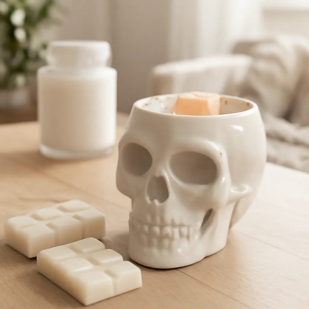 Hero image: skull tart warmer with neatly portioned wax tarts, realistic premium product photography, dramatic but clean lighting, no text