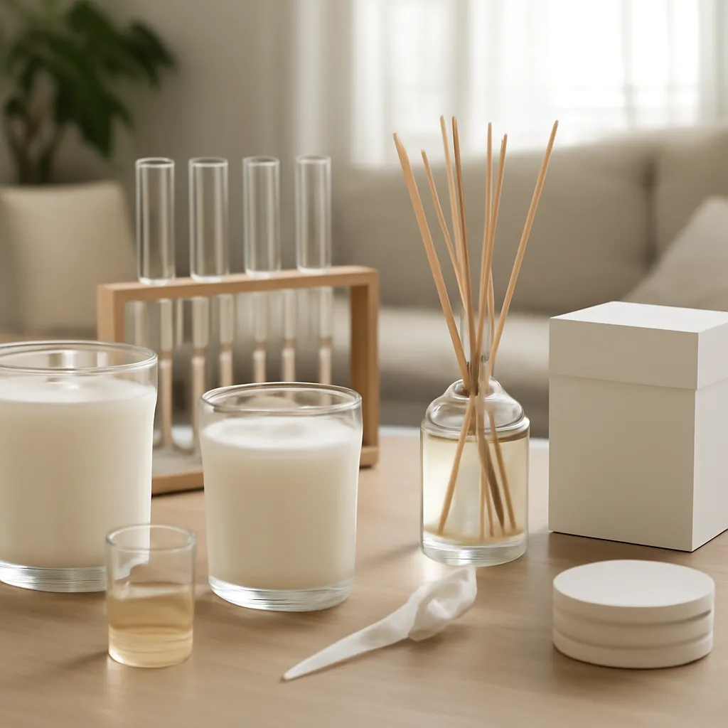 Hero image: professional candle fragrance oil testing station, premium US lifestyle photography, realistic materials, clean composition, no text