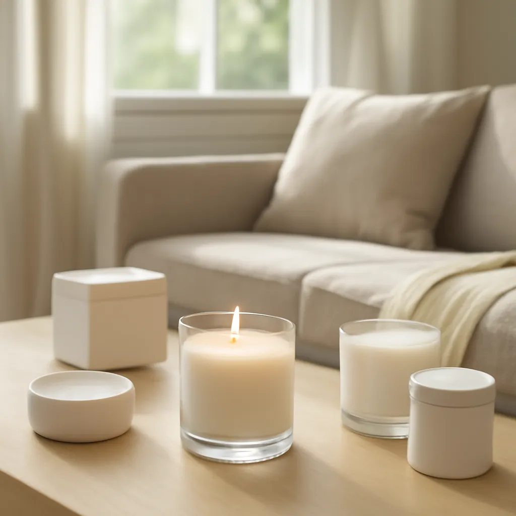 Hero image: careful candle use in a clean and well-ventilated room, premium US lifestyle photography, realistic materials, clean composition, no text
