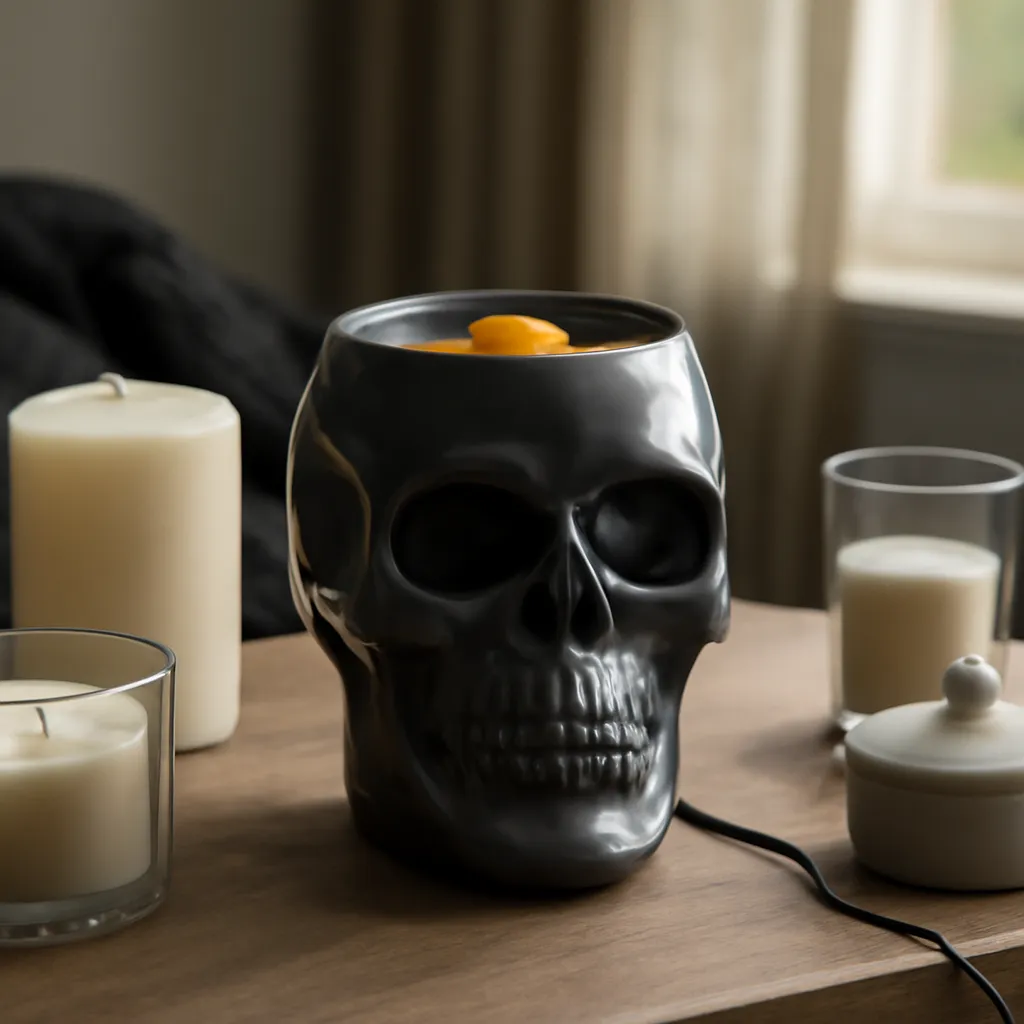 Hero image: premium electric skull wax warmer in a dark seasonal setup, realistic premium product photography, dramatic but clean lighting, no text