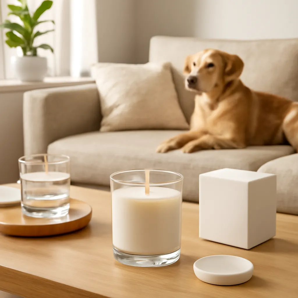 Hero image: supervised scented candle use in a tidy pet-friendly home, premium US lifestyle photography, realistic materials, clean composition, no text