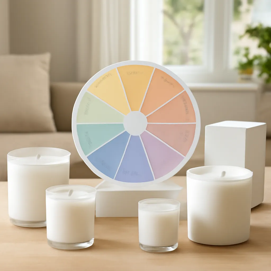 Hero image: a fragrance wheel surrounded by elegant candle jars, premium US lifestyle photography, realistic materials, clean composition, no text