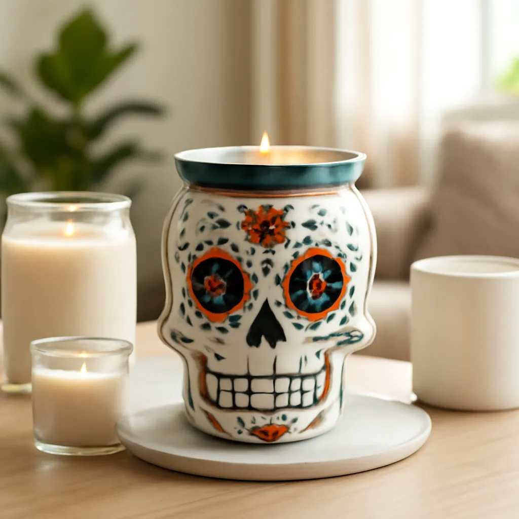 Hero image: artful sugar skull candle warmer with refined colorful accents, realistic premium product photography, dramatic but clean lighting, no text