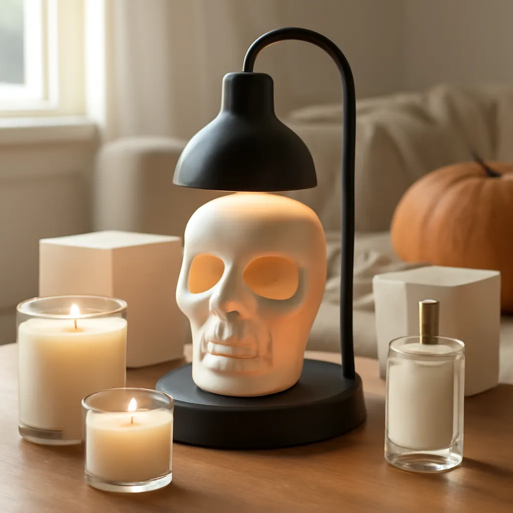 Hero image: cozy Halloween fragrance corner with a skull candle warmer lamp, realistic premium product photography, dramatic but clean lighting, no text