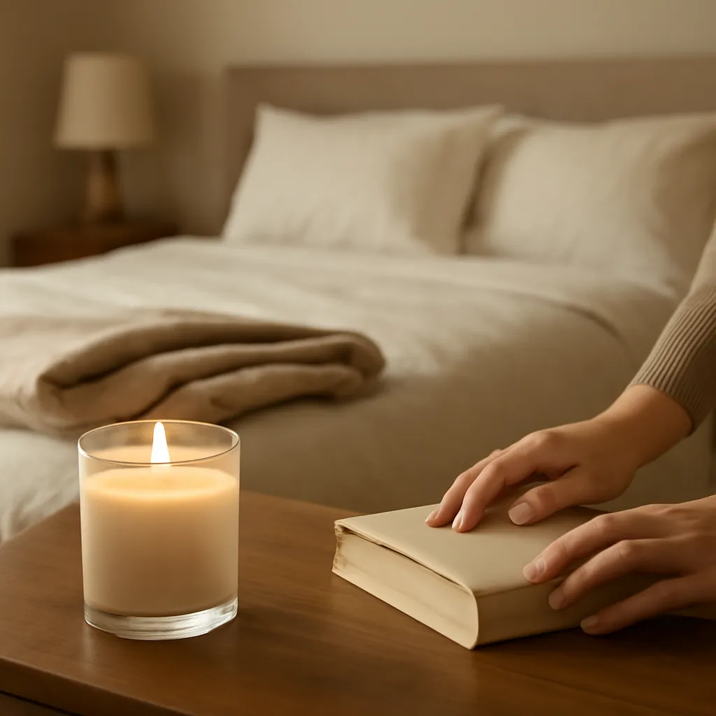 Hero image prompt — horizontal 3:2 premium US lifestyle photograph. show a quiet 30-minute wind-down routine in a refined American bedroom: a candle on a dresser away from bedding, a book being closed, dimmed lights and folded cashmere at the foot of the bed. Make the soft glow, realistic wax surface and relaxed spatial placement, with only hands or a partial figure visible the visual priority. Use the same art direction as the banner: soft caramel, warm ivory, oatmeal linen, muted walnut brown and restrained amber highlights, realistic materials, natural fall styling and controlled editorial depth of field. Frame at eye level or a gentle 45-degree angle with a 50 mm lens look, crisp focus on the candle story and softly receding background context. No text, no logo, no watermark, no clutter, no exaggerated flame, no unsafe placement, no distorted hands or containers.