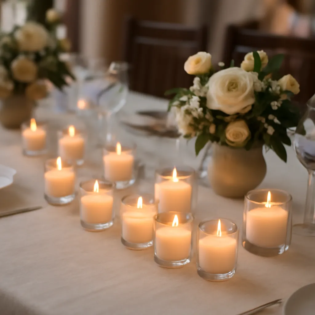 Create a high-resolution premium US lifestyle photograph showing scented votive candles grouped across an elegant indoor event table. The image should visually explain how small votive candles can create a strong decorative and atmospheric effect when repeated in coordinated groups. Arrange approximately 10–12 compact votive candles inside matching heat-safe glass holders along the center of a long dining or wedding reception table. Use a thoughtful rhythm of small clusters rather than an evenly spaced straight line: several groups of three, one slightly larger central cluster and a few individual votives connecting the arrangement. Keep all holders low enough that guests could comfortably see across the table. Style the table with softly textured ivory linen, minimal ceramic place settings, clear stemware and low arrangements of white ranunculus, small roses and muted green foliage. Avoid tall flowers, crowded tableware or dramatic wedding decorations. Include only subtle signs of an event environment, such as softly blurred chairs or indistinct guests in the far background. Use warm late-afternoon window light combined with realistic candle glow. Capture delicate reflections through the clear and frosted glass holders, smooth wax surfaces and naturally sized flames. Use a three-quarter camera angle slightly above table height so the viewer can clearly understand the grouping pattern, spacing and scale of the votives. The mood should be polished, welcoming and versatile enough to represent a wedding reception, dinner party, anniversary dinner or sophisticated home gathering. Clean editorial composition, realistic materials, soft depth of field, premium American interior styling. No text, no brand labels, no logos, no watermark, no tea lights, no pillar candles, no large candle jars as the main subject, no votive burning without a holder, no warped tableware, no excessive flowers, no unsafe placement near fabric and no exaggerated orange lighting.
