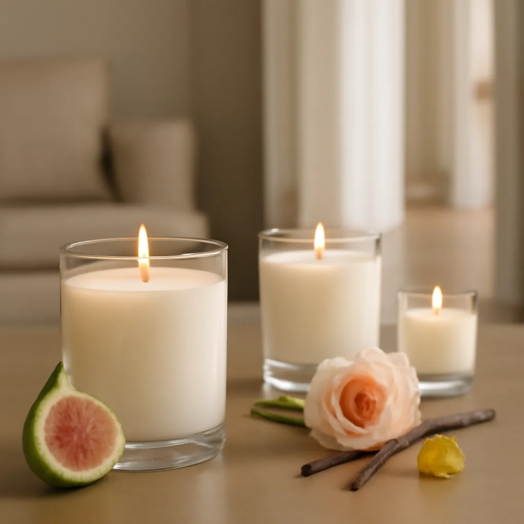 Create a premium US lifestyle photograph that visually explains fragrance layering through a coordinated arrangement of three scented candles with clearly different roles. Place one dominant candle in the foreground, one supporting candle slightly behind it and one smaller accent candle farther away. Use subtle differences in scale, distance and surrounding ingredients to communicate hierarchy without any text. For the dominant fragrance, place bergamot peel and ripe fig near the primary candle. For the supporting fragrance, place cedarwood and one elegant rose near the second candle. For the accent fragrance, place vanilla bean and a small amber resin-like decorative element near the third candle. The ingredients should overlap visually just enough to imply that the fragrances belong to the same scent story, while each candle still retains its own identity. Set the arrangement on a warm neutral console table in a refined contemporary American living room. Include a soft-focus doorway leading toward another room in the background to connect the image with the article’s discussion of layering fragrance across multiple spaces. Use soft afternoon daylight, warm but restrained candlelight, clean styling and realistic materials. Camera angle: slightly elevated three-quarter view so viewers can immediately understand the hierarchy and spatial relationship. The image should feel like an editorial demonstration of how one fragrance leads, one supports and one adds depth. No text, no logos, no labels, no decorative perfume bottles, no crowded botanical arrangement, no unrelated fruit, no excessive flame glow, no fake visible fragrance waves and no surreal effects.