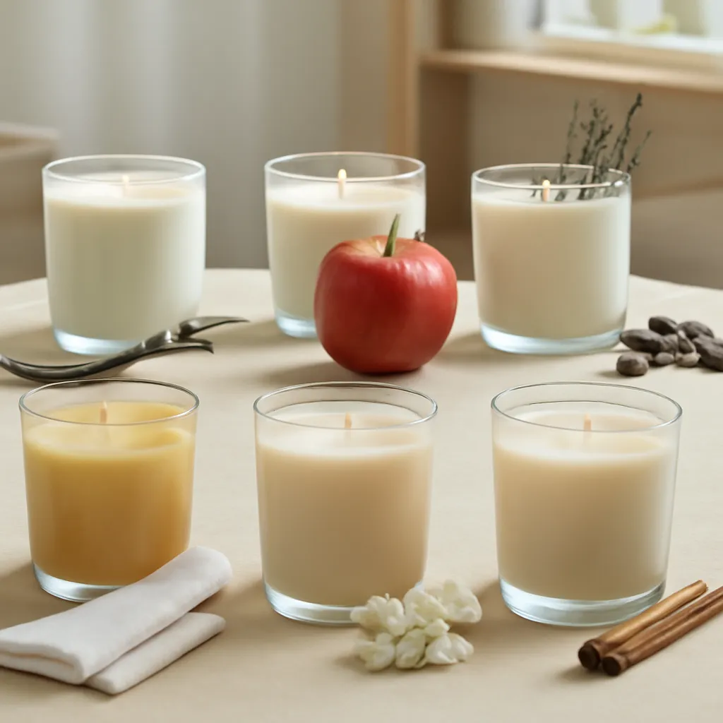 Create a premium editorial hero image showing nine broad-appeal candle fragrance families in a refined visual grid. Arrange nine elegant scented candles in a balanced three-by-three composition, with each candle subtly paired with one recognizable scent cue. Represent the fragrance families with the following details: vanilla bean for vanilla, red apple for fruity apple, lavender sprigs for lavender, fresh citrus peel for citrus, cedarwood for woody scents, roasted coffee beans for coffee, folded crisp white linen for clean scents, jasmine or soft white petals for floral scents, and cinnamon or warm spice for spicy scents. Keep the candles coordinated in a sophisticated neutral palette using clear glass, frosted white, pale amber, warm beige and taupe vessels. Each candle should have similar visual importance so the image does not imply unsupported popularity rankings. Place the arrangement on a large warm ivory stone surface inside a bright contemporary American home. Use subtle architectural elements such as a pale oak shelf or softly blurred neutral living room background to connect the fragrance profiles to real home use. Camera angle: slightly elevated three-quarter view, allowing each fragrance family to be clearly visible while still feeling like premium lifestyle photography rather than a flat product catalog. Use soft daylight from a nearby window, delicate realistic shadows, smooth wax texture and controlled highlights on the glass. Keep the scene spacious, elegant and easy to understand at a glance. No text, no logos, no ranking numbers, no badges, no perfume bottles, no excessive decorative objects, no duplicated ingredients, no artificial scent clouds and no cluttered composition.