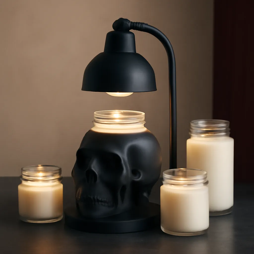 Create a realistic premium product photography scene showing one skull candle warmer lamp with several jar candle sizes to visually explain compatibility. Place the matte black skull candle warmer lamp in the center of the frame on a clean dark stone surface. Arrange four jar candles around the base in clearly different proportions: one short wide jar, one standard medium jar, one tall narrow jar and one slightly larger wide-mouth jar. Position the standard medium jar directly beneath the lamp head as the primary example. Place the other jars nearby in a neat semicircle so viewers can easily compare height, diameter and opening size. Show the adjustable pole clearly and keep the warming bulb at a believable distance above the wax surface. The active jar should show smooth melted or gently softened wax across the top surface without exaggerated liquid depth. Use a clean editorial composition with enough space around every jar. The image should feel educational but still premium, like a product guide for a US ecommerce blog. Lighting should be dramatic but controlled: warm focused light from the lamp head, soft cool-gray fill light from the side, realistic reflections on glass, crisp product edges and visible texture on the matte skull. Use a dark charcoal, warm beige and black palette with subtle burgundy or dark wood accents in the background. No text, no arrows, no dimensions, no labels, no logos, no warped jars, no jar touching the bulb, no excessive wax melting, no visible open flame, no cluttered Gothic decorations and no exaggerated Halloween styling.