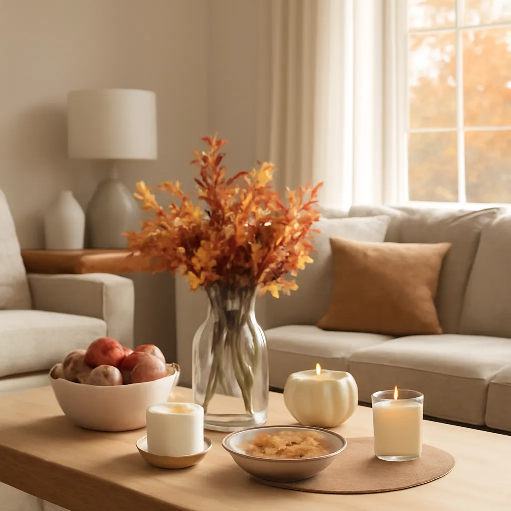 Hero image: elegant fall hosting in an American living room, premium US lifestyle photography, warm autumn light, clean composition, no text