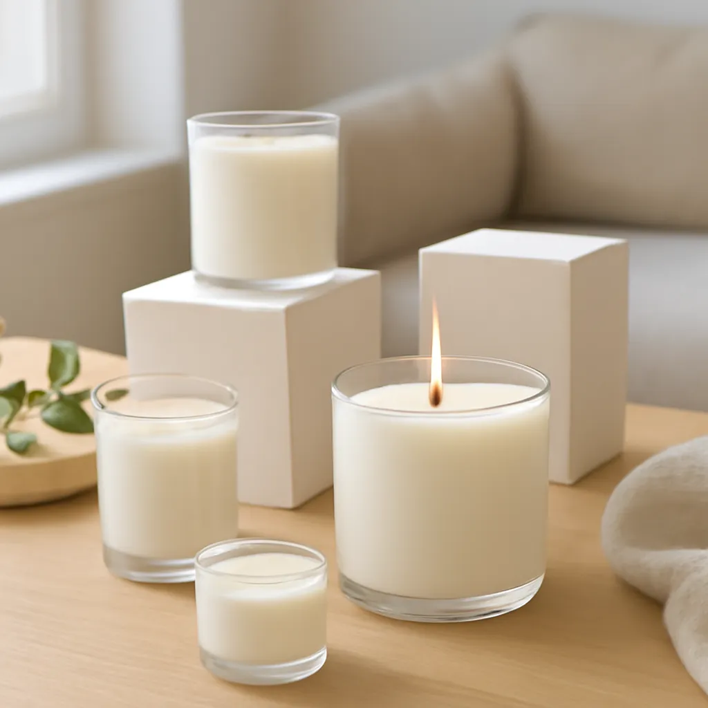 Hero image: minimal soy candle collection with natural styling, premium US lifestyle photography, realistic materials, clean composition, no text