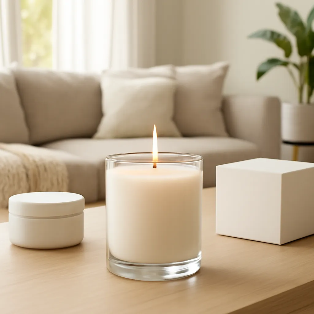 Hero image: a strong-performing candle scenting a spacious living room, premium US lifestyle photography, realistic materials, clean composition, no text