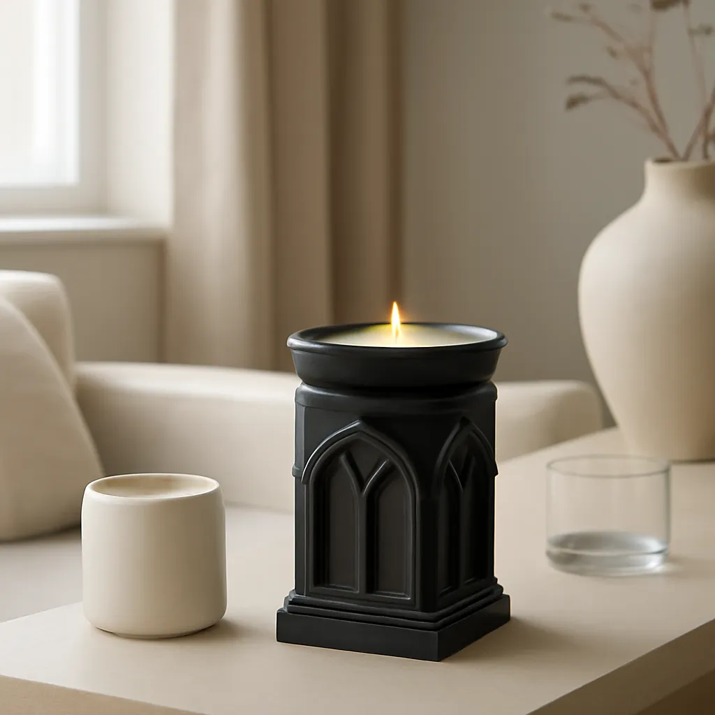 Hero image: minimal Gothic wax warmer in a balanced neutral room, realistic premium product photography, dramatic but clean lighting, no text
