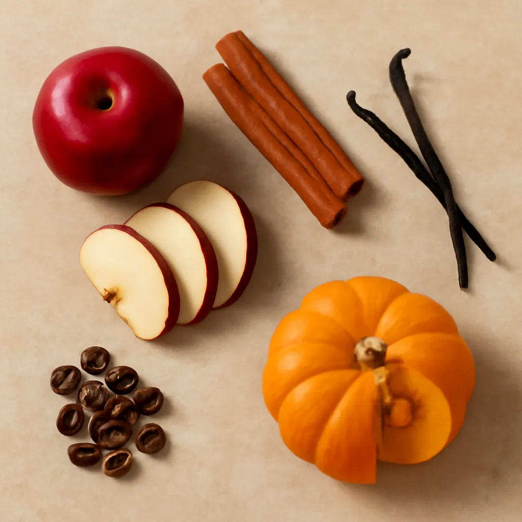 Premium editorial fragrance ingredient photograph for a US home fragrance article about fall scented candles used in kitchens and dining areas. Create a sophisticated flat lay or slight 45-degree overhead composition featuring five clearly recognizable fragrance families: fresh apple, cinnamon, vanilla, roasted coffee, and pumpkin. Include one whole deep red apple with several crisp, juicy slices showing fresh natural flesh; two or three cinnamon sticks with rough curled bark and realistic woody texture; one whole vanilla bean and one split vanilla pod showing dark vanilla seeds; a small cluster of glossy roasted coffee beans; and one small pumpkin with a clean wedge cut open to reveal realistic orange flesh and natural seeds. Arrange each ingredient in its own visually identifiable cluster while maintaining an elegant connected composition. Leave breathing room between the five fragrance groups so viewers can easily distinguish each scent note. Do not pile ingredients together and do not make the arrangement look like a cooking recipe. Use a warm beige limestone, travertine, or light walnut background. Add very subtle shadows and directional side lighting to emphasize natural textures. The apple should appear fresh and slightly glossy, cinnamon dry and woody, vanilla naturally wrinkled, coffee beans roasted and polished, and pumpkin firm and freshly cut. Color palette: warm cream, caramel beige, cinnamon brown, espresso brown, muted pumpkin orange, deep apple red, and soft natural wood tones. High-end fragrance campaign photography, sophisticated editorial flat lay, realistic natural ingredients, photorealistic textures, balanced negative space, clean premium composition, no candle packaging, no utensils, no recipe styling, no text, no labels, no logos, no artificial decorative leaves, no Halloween elements.