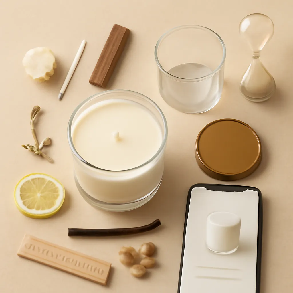 Premium editorial flat lay illustrating the key details shoppers should check when buying scented candles online. Create a carefully organized composition featuring one open candle jar in the center surrounded by visual representations of the main buying factors: a small piece of wax, cotton wick, wooden wick, empty glass vessel, jar lid, ruler showing vessel dimensions, fragrance ingredients representing scent notes, a subtle clock or hourglass representing burn time, and a smartphone showing a generic ecommerce candle product page. Include fragrance-note ingredients such as bergamot peel, vanilla bean, sandalwood pieces, or subtle botanical elements, arranged in small controlled groups rather than as decorative clutter. The candle should have a smooth wax surface and centered wick. Show enough detail in the vessel, wick, and wax so viewers can visually inspect product quality. Use a warm light beige stone, travertine, or matte neutral background. Photograph from a top-down or slight 45-degree editorial angle. Color palette: cream, ivory, beige, amber, soft brown, natural wood, warm gray, and muted botanical tones. The overall visual should communicate product evaluation, material quality, scent notes, wick construction, jar size, and online shopping research. Premium fragrance editorial photography, realistic glass, wax, wood and ingredient textures, balanced negative space, sophisticated clean composition, no readable text, no brand names, no logos, no price tags, no clutter.