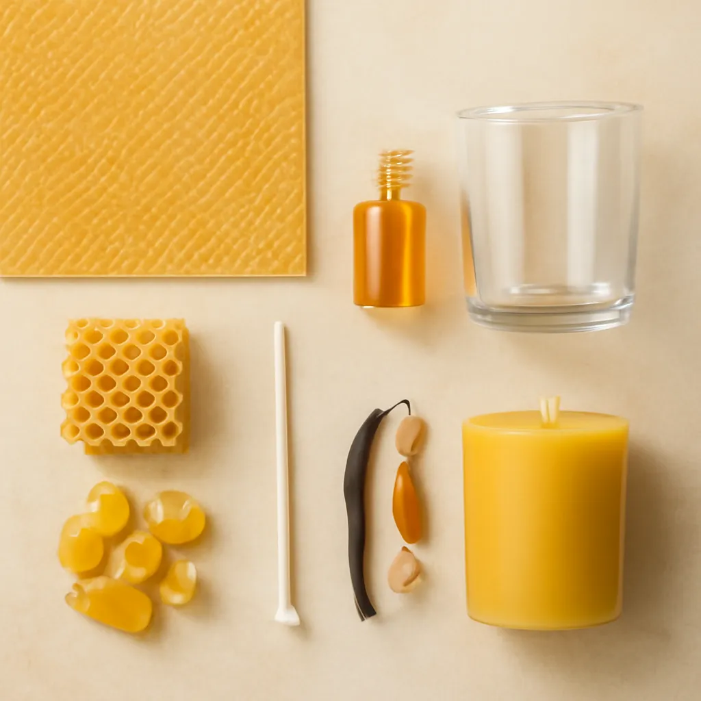 Premium editorial flat lay illustrating the main material components associated with scented beeswax candles. Create a clean, sophisticated composition featuring natural beeswax sheets, a small section of real honeycomb, golden amber beeswax pieces, a cotton wick, a clear glass vessel, and one finished beeswax candle with a smooth surface. Include a subtle visual reference to added fragrance, such as a small amber fragrance bottle or a few restrained botanical scent cues like vanilla bean, dried orange peel, or soft dried petals, without making the scene look overly perfumed or decorative. Arrange the elements on a warm neutral background such as beige stone, matte cream surface, or light oak tabletop. Each material should be easy to identify, with enough spacing between objects to keep the composition airy and educational. Lighting should be soft and directional, emphasizing realistic textures: slightly translucent beeswax sheets, natural honeycomb texture, smooth cotton wick, and realistic glass reflections. Color palette: honey gold, amber, warm cream, beige, oat, soft caramel, and muted brown. Premium editorial flat lay photography, realistic texture detail, high-end material study aesthetic, clean and refined composition, photorealistic, no readable text, no brand names, no logos, no clutter, no excessive decorative elements.