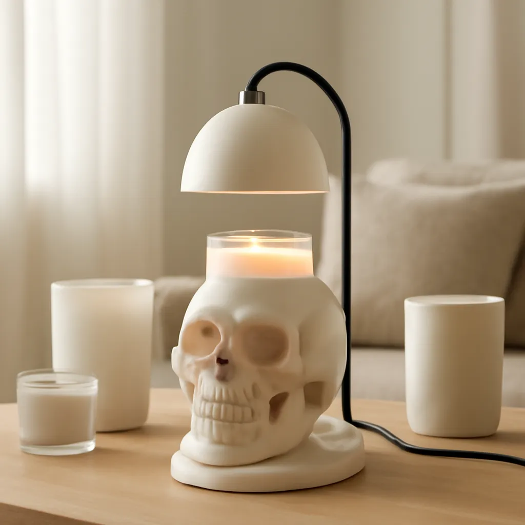 Hero image: carefully placed skull candle warmer lamp on a stable surface, realistic premium product photography, dramatic but clean lighting, no text