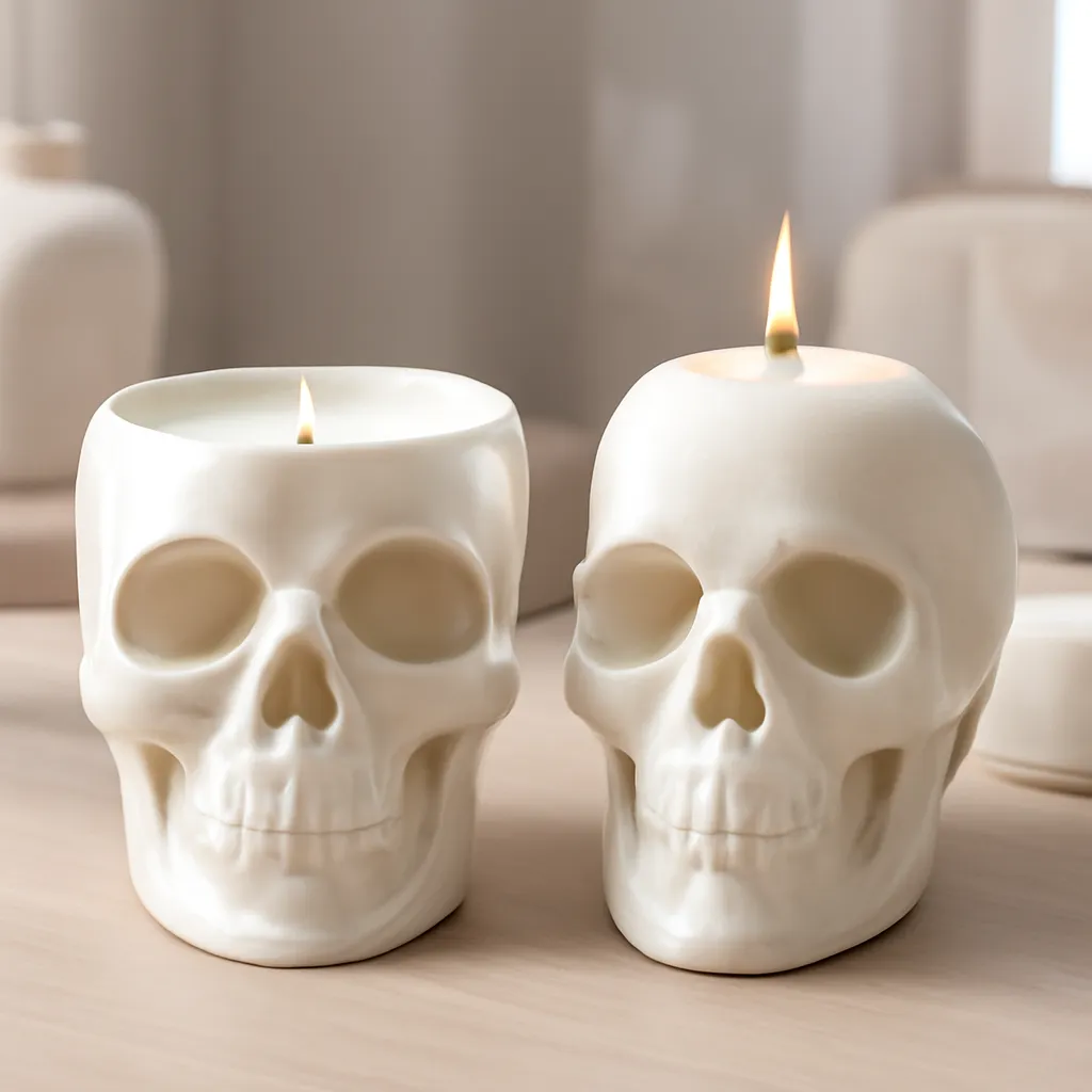 Hero image: skull wax burner and skull candle warmer displayed side by side, realistic premium product photography, dramatic but clean lighting, no text