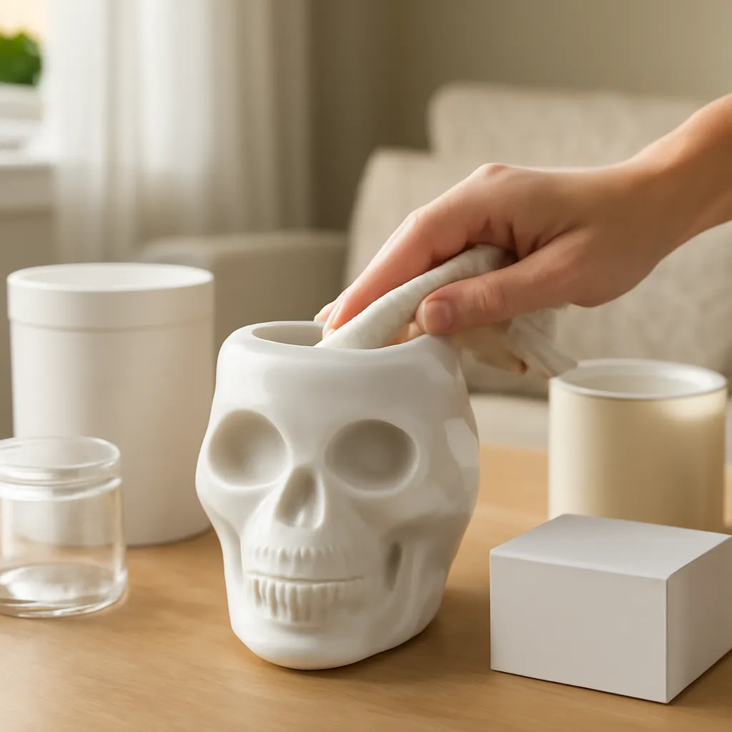 Hero image: cleaning a skull wax warmer with soft non-abrasive tools, realistic premium product photography, dramatic but clean lighting, no text