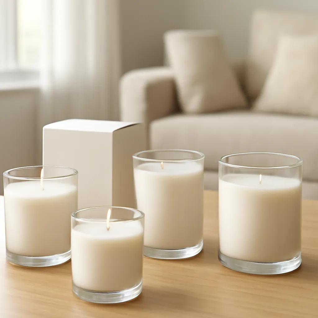 Hero image: multiple candle jar shapes compared in a studio, premium US lifestyle photography, realistic materials, clean composition, no text