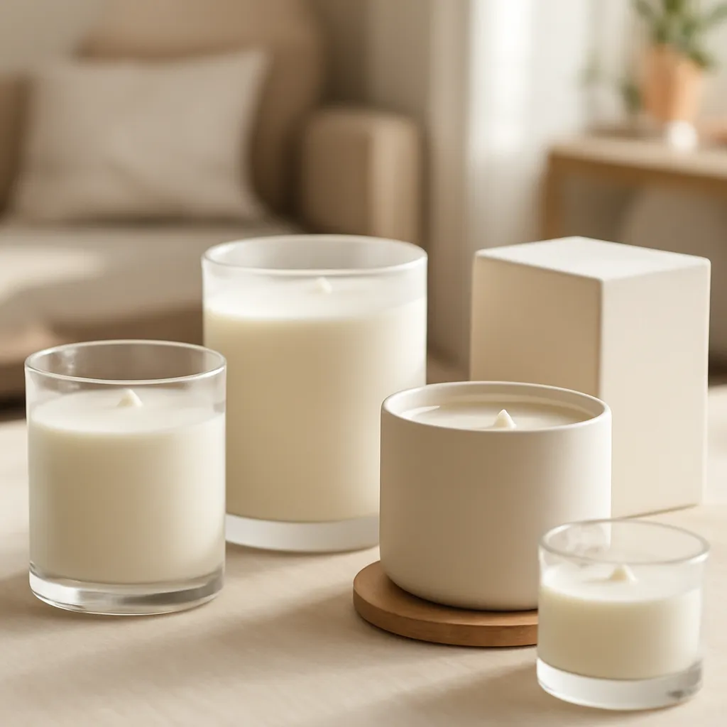 Hero image: multiple premium jar candle shapes compared in a studio, premium US lifestyle photography, realistic materials, clean composition, no text
