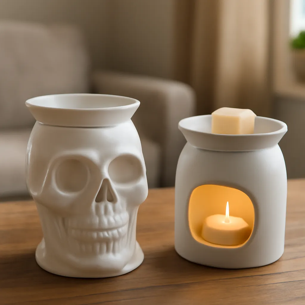 Hero image: skull jar warmer and tart warmer compared for scent control, realistic premium product photography, dramatic but clean lighting, no text