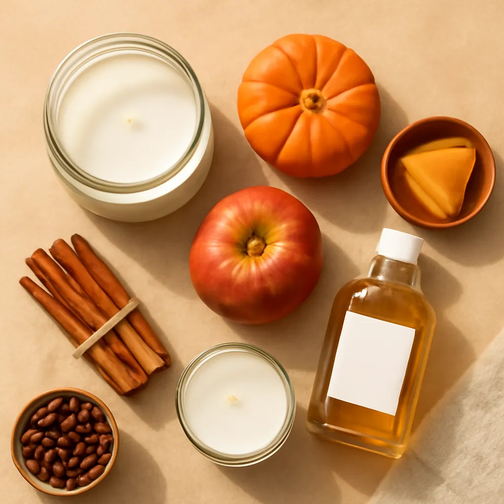 Ingredient close-up: vanilla pumpkin, apple, cedar, coffee, amber, orange peel, editorial flat lay, realistic texture, warm neutral background, no text