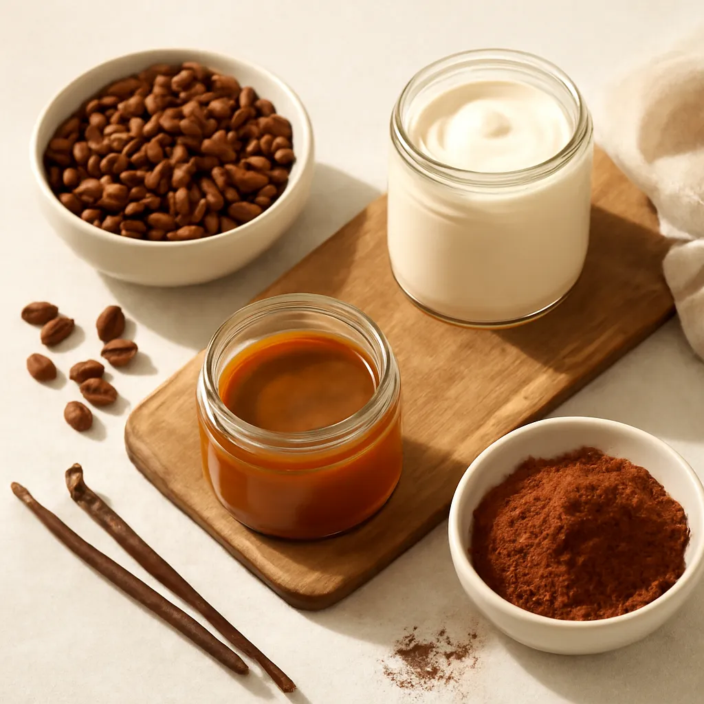 Ingredient image: coffee beans, vanilla cream, caramel, cocoa, wood, editorial flat lay, realistic texture, elegant neutral background, no text