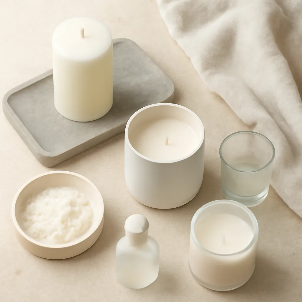 Ingredient image: pillar wax, stone tray, linen, candle holders, soft fragrance accents, editorial flat lay, detailed realistic texture, elegant neutral background, no text