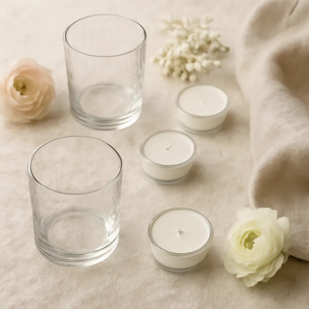 Ingredient image: small glass holders, tea light cups, flowers, linen, warm glow, editorial flat lay, detailed realistic texture, elegant neutral background, no text