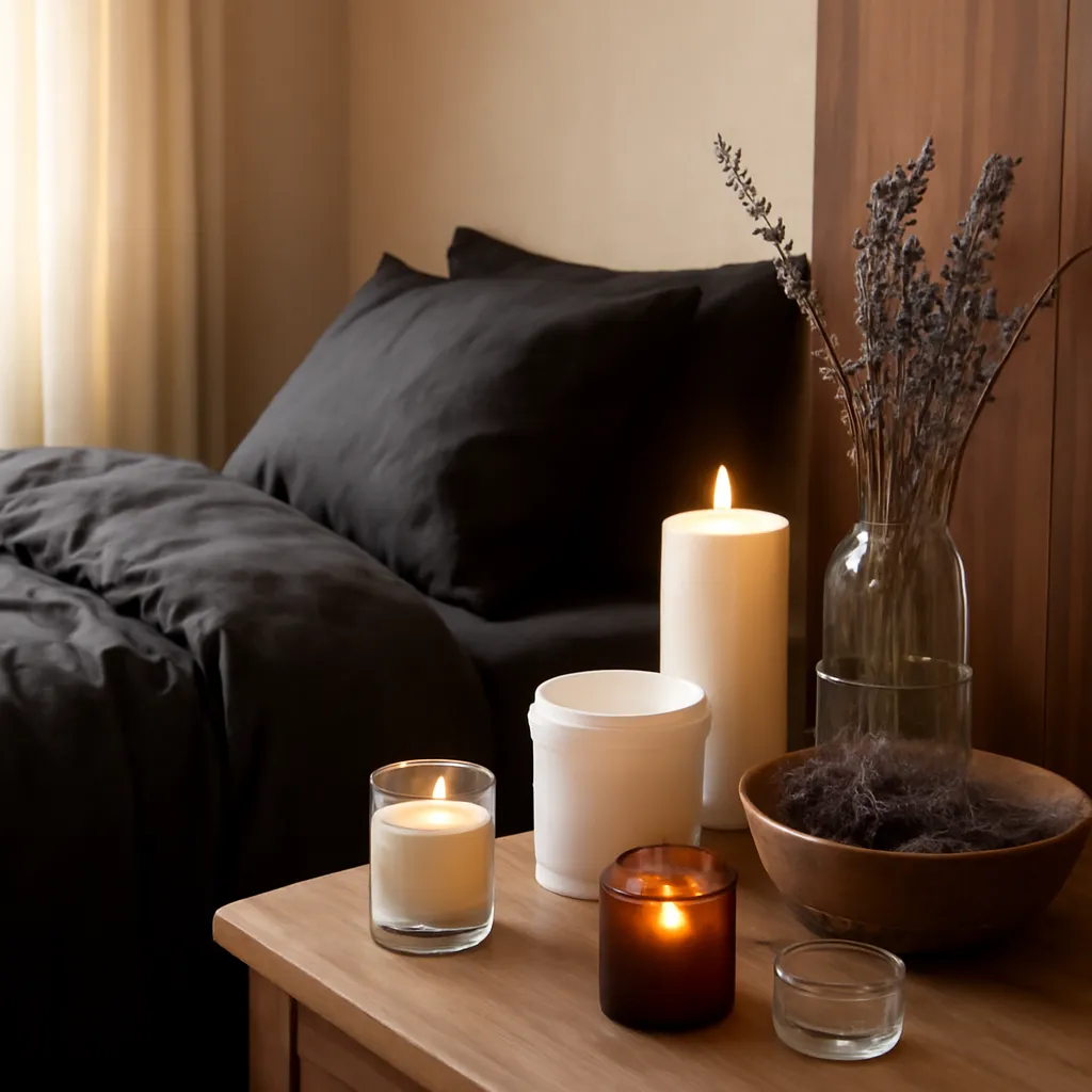 Detail image: black warmer, soft bedding, amber light, subtle woods, lavender notes, realistic texture, Gothic editorial styling, controlled composition, no text