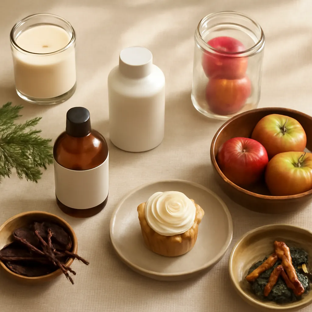 Ingredient close-up: apple orchard, cedar forest, vanilla bakery, smoky bonfire, editorial flat lay, realistic texture, warm neutral background, no text