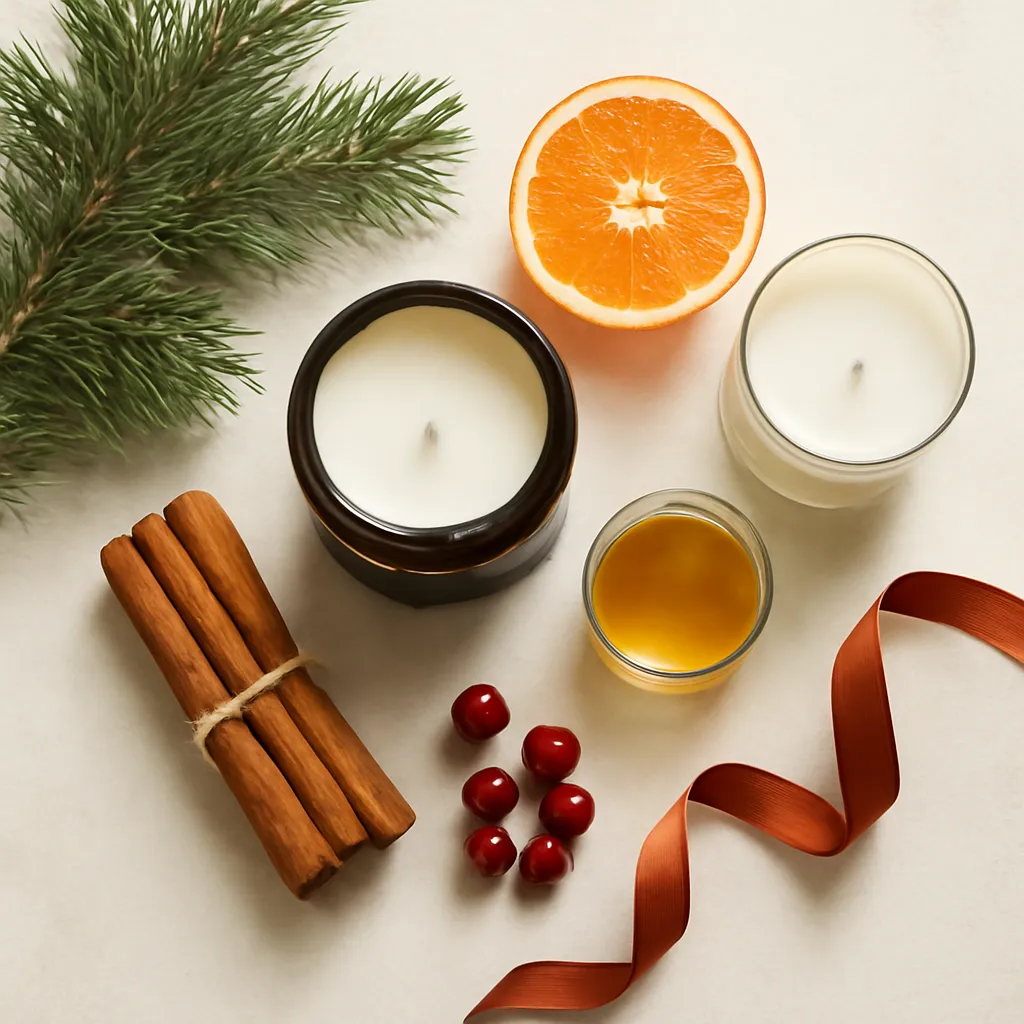 Ingredient image: pine, orange, cinnamon, berry, amber, ribbon, editorial flat lay, realistic texture, elegant neutral background, no text