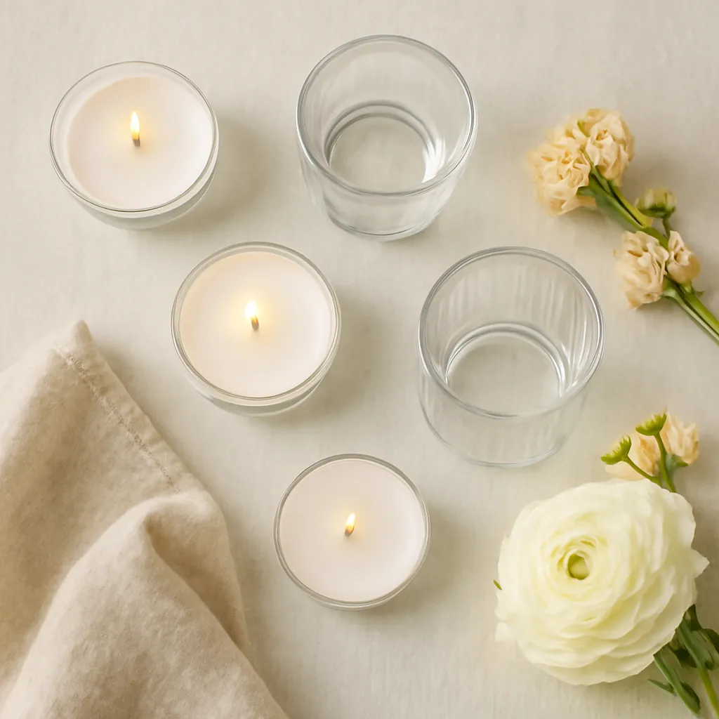 Ingredient image: tea light cups, glass holders, flowers, table linen, warm glow, editorial flat lay, detailed realistic texture, elegant neutral background, no text