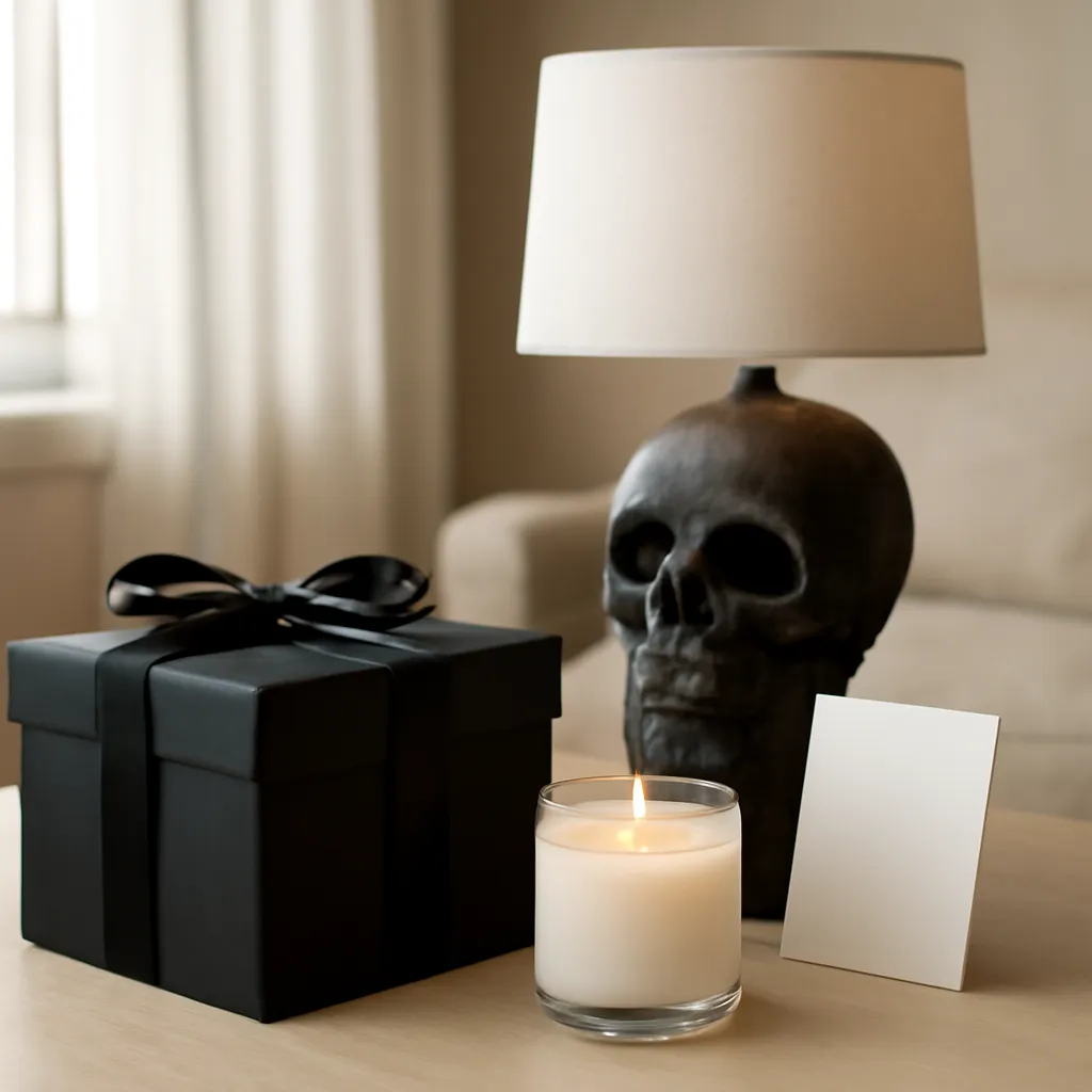 Detail image: black gift box, ribbon, skull lamp, candle jar, fragrance card, realistic texture, Gothic editorial styling, controlled composition, no text