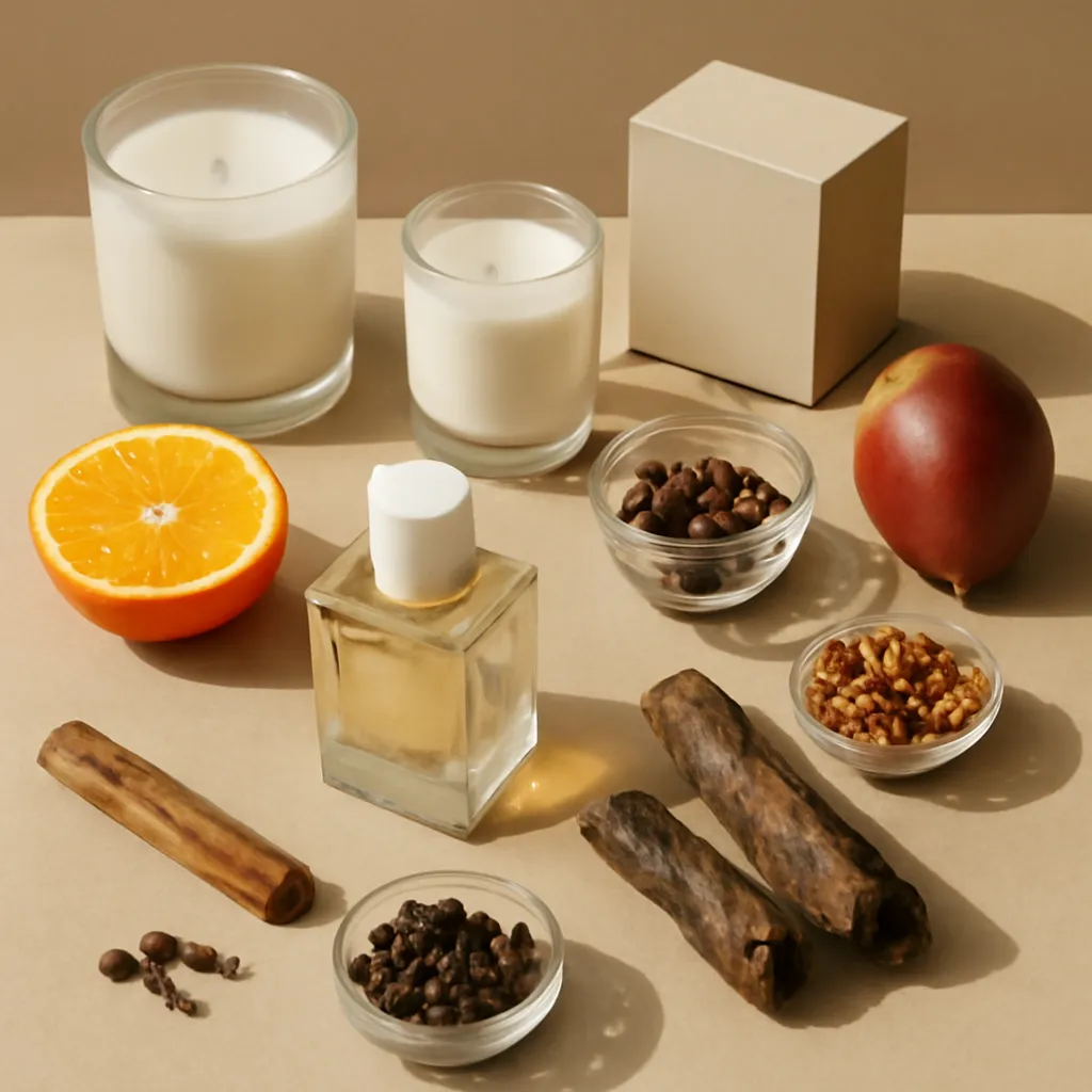 Ingredient close-up: gourmand, fruity, spicy, woody, amber, smoky, aromatic, editorial flat lay, realistic texture, warm neutral background, no text