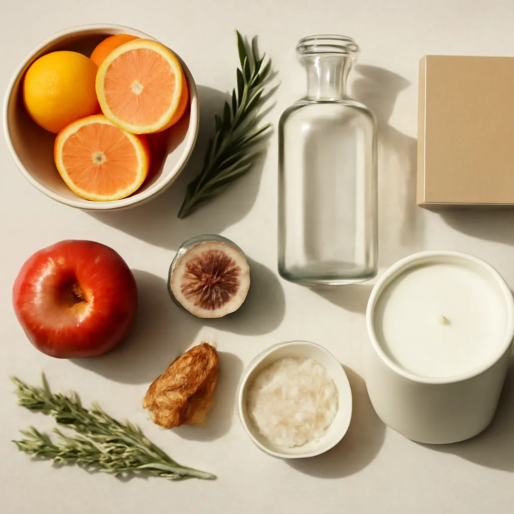 Ingredient image: citrus, herbs, apple, fig, amber, cedar, editorial flat lay, realistic texture, elegant neutral background, no text