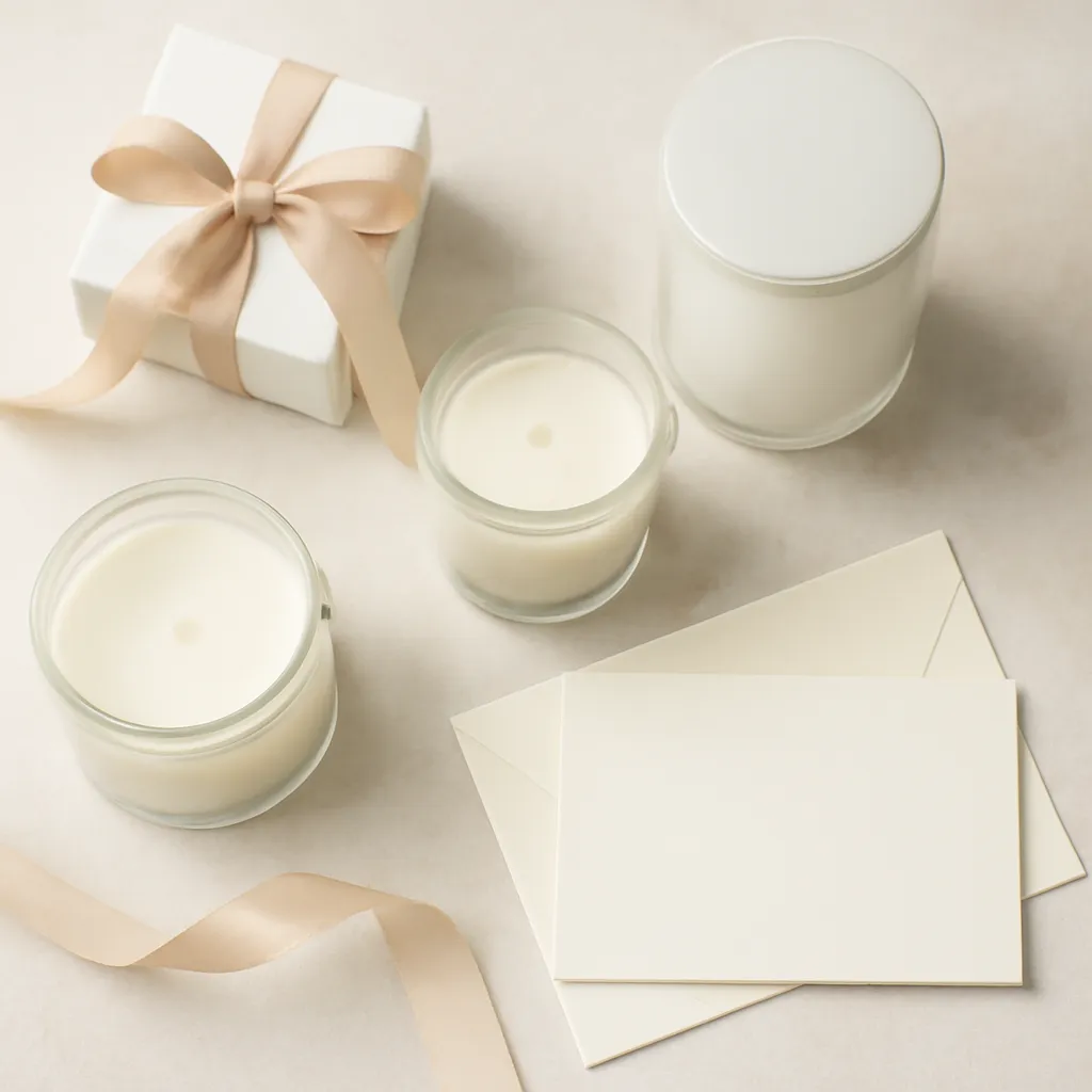 Ingredient image: small jars, votives, ribbon, gift box, message card, editorial flat lay, detailed realistic texture, elegant neutral background, no text