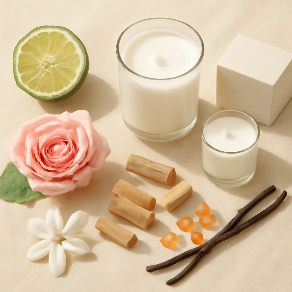 Ingredient image: bergamot, rose, jasmine, sandalwood, amber, vanilla, editorial flat lay, detailed realistic texture, elegant neutral background, no text