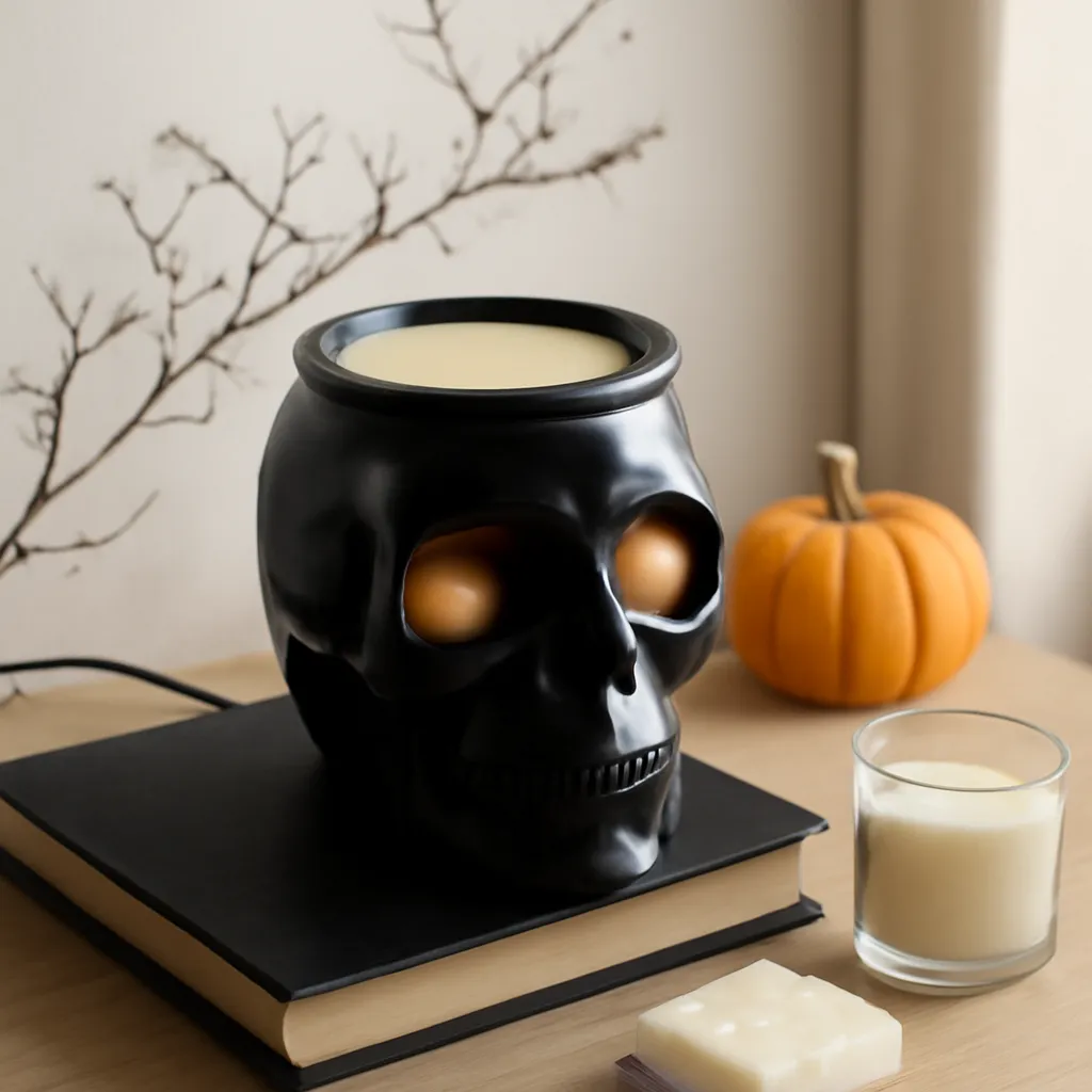 Detail image: electric skull warmer, mini pumpkin, black book, dried branch, wax cubes, realistic texture, Gothic editorial styling, controlled composition, no text