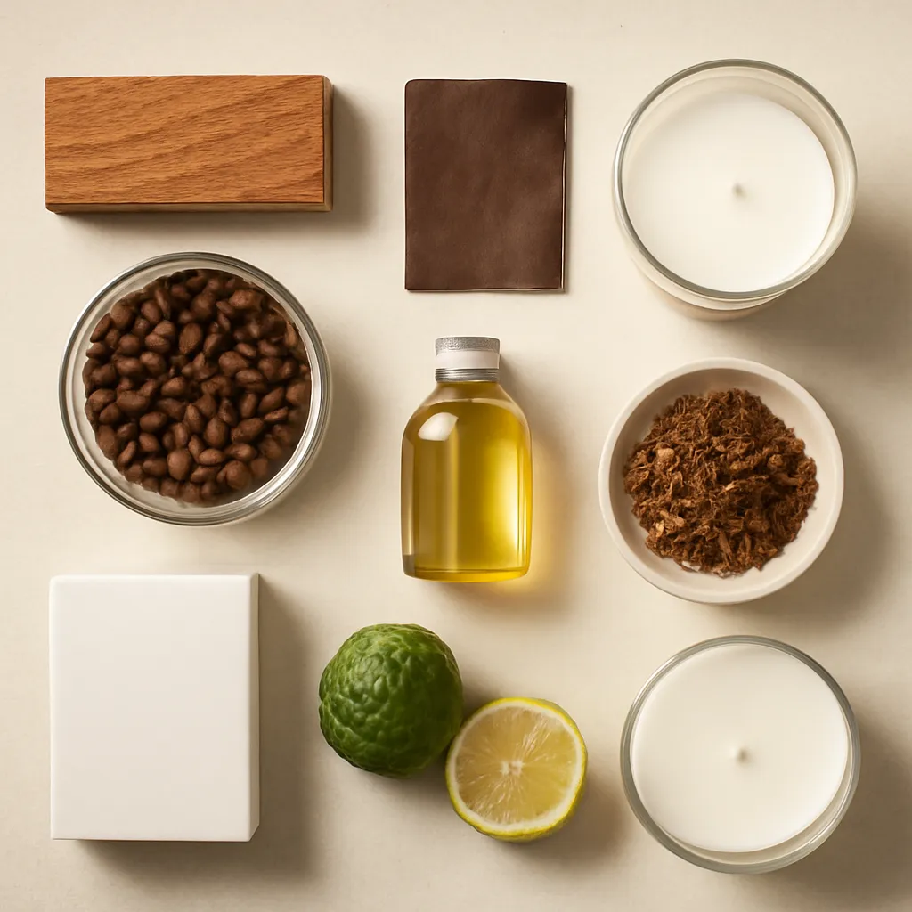 Ingredient image: cedar, leather, coffee, bergamot, tobacco-style accord, sea salt, editorial flat lay, detailed realistic texture, elegant neutral background, no text