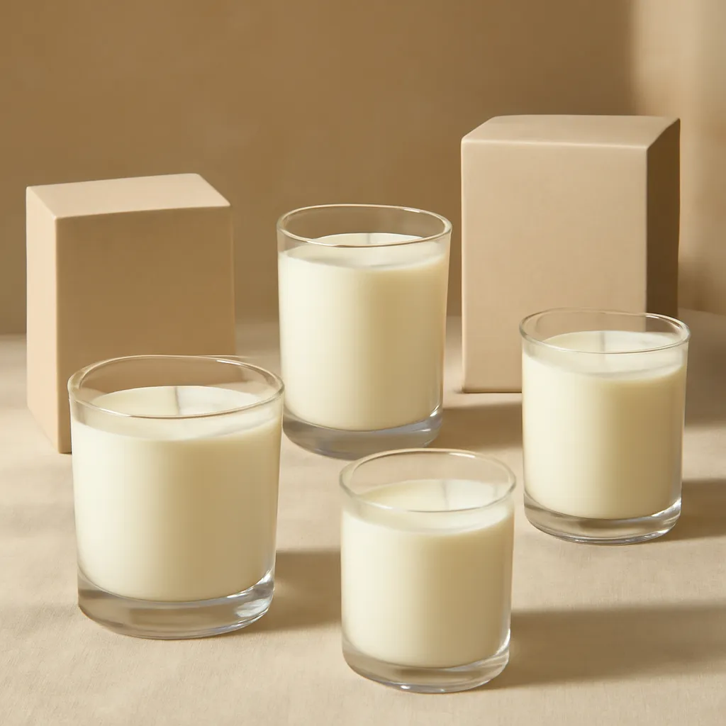 Ingredient close-up: thick glass, smooth wax, refined labels, price tiers, editorial flat lay, realistic texture, warm neutral background, no text