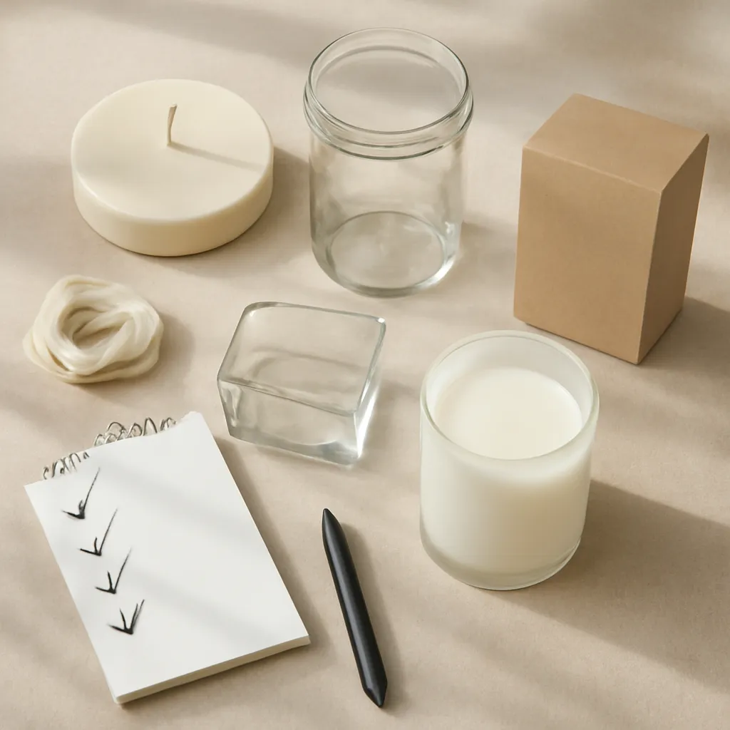 Ingredient image: wax, wick, airflow, clean flame, safety checklist, editorial flat lay, realistic texture, elegant neutral background, no text