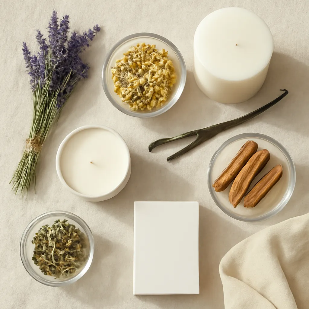 Ingredient image: lavender, chamomile, vanilla, sandalwood, white tea, linen, editorial flat lay, detailed realistic texture, elegant neutral background, no text