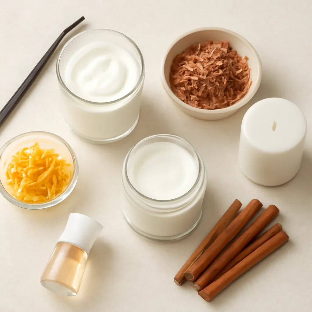 Ingredient image: vanilla bean, cream, sandalwood, cinnamon, musk, citrus peel, editorial flat lay, detailed realistic texture, elegant neutral background, no text