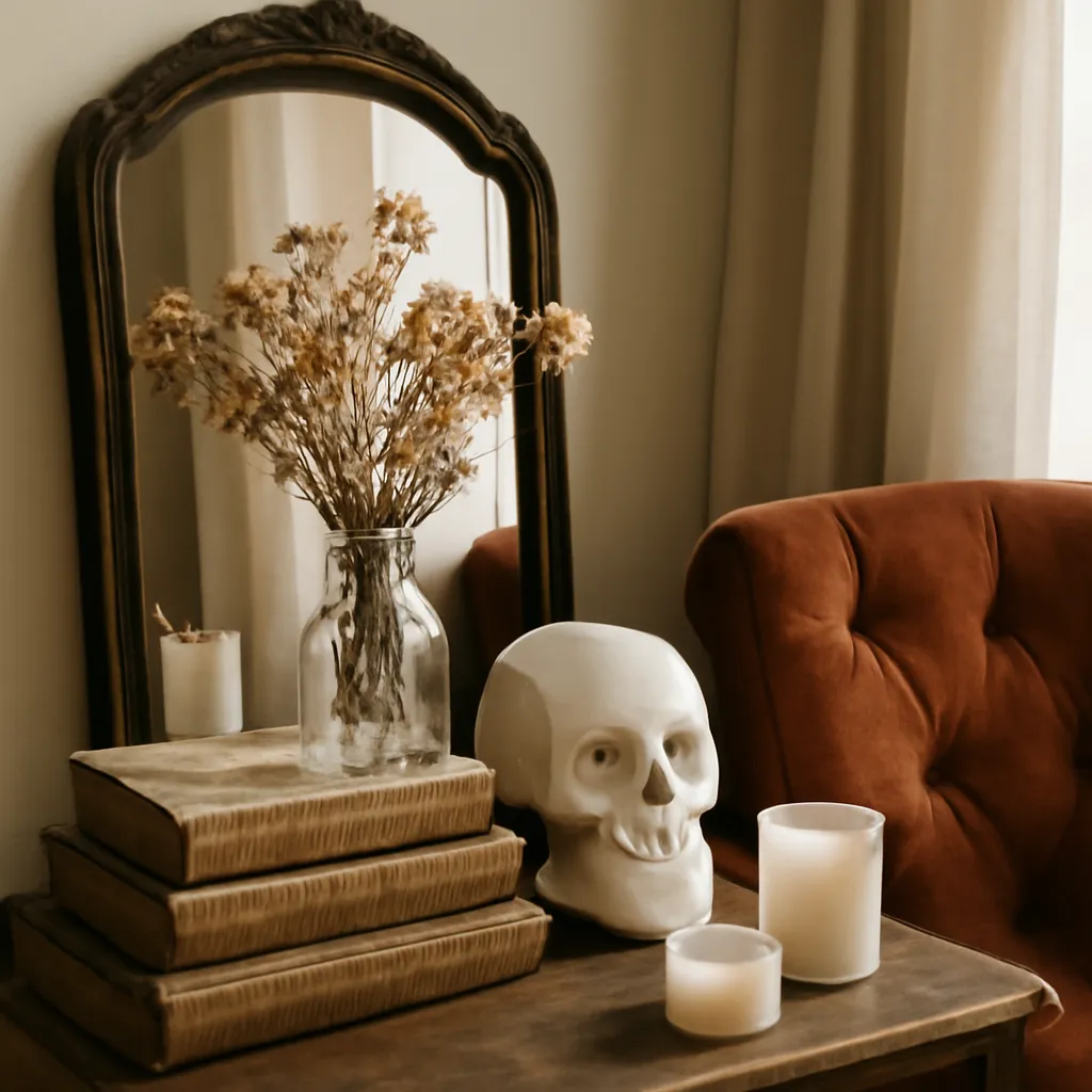 Detail image: aged books, mirror, velvet chair, skull warmer, dried flowers, realistic texture, Gothic editorial styling, controlled composition, no text