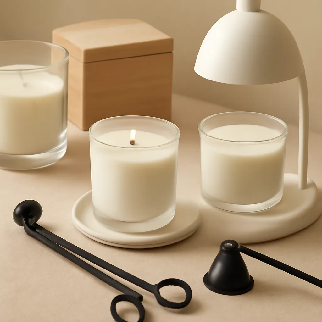 Ingredient close-up: wick trimmer, snuffer, smooth wax, storage box, warmer lamp, editorial flat lay, realistic texture, warm neutral background, no text